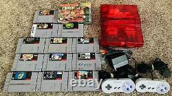 Super Nintendo SNES Console Mega Bundle Transparent Red Custom Shell + 12 Games