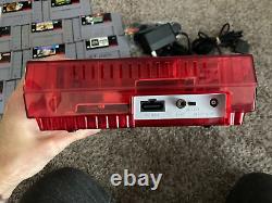 Super Nintendo SNES Console Mega Bundle Transparent Red Custom Shell + 12 Games