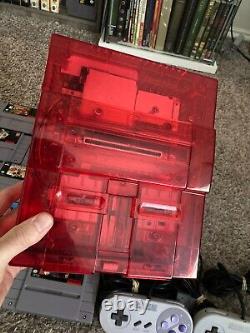 Console Super Nintendo SNES Mega Bundle Coque Transparente Rouge Personnalisée + 12 Jeux