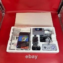 Ensemble Nintendo Super Set SNES complet dans sa boîte avec plateau, couvercle, pochettes, inserts et attaches.