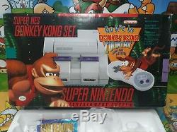 Super Nintendo Snes Donkey Kong Set Console Et Mousse Et Papiers Seulement Rares
